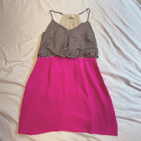 Greylin Dress Mini Silk Blend Boho Party Navy Stripe Hot Pink Strappy XS 45D2237 - Picture 1 of 11